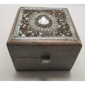 Wood Trinket, Jewelry Box Felt Lining Gray Color Embelished With Beads 4"